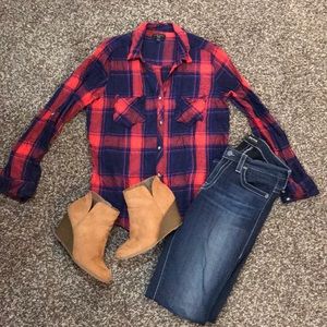 Blue and red plaid button down shirt